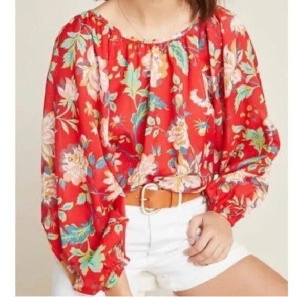 Maeve Tops - Women's Maeve Anthropologie Floral Balloon Sleeve "Lake House" Cropped Blouse SM